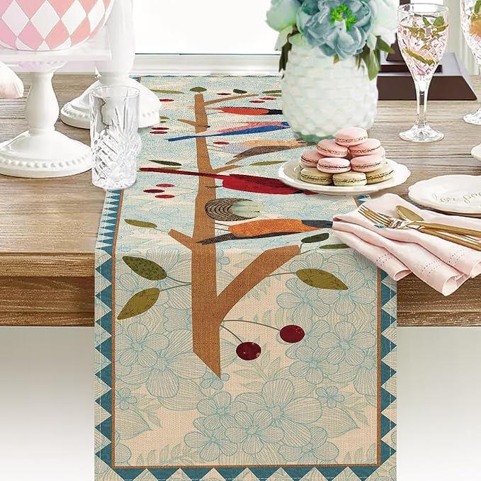 Seliem Spring Summer Birds Blue Table Runner, Cardinal Chickadee Bluebird | - Image 7