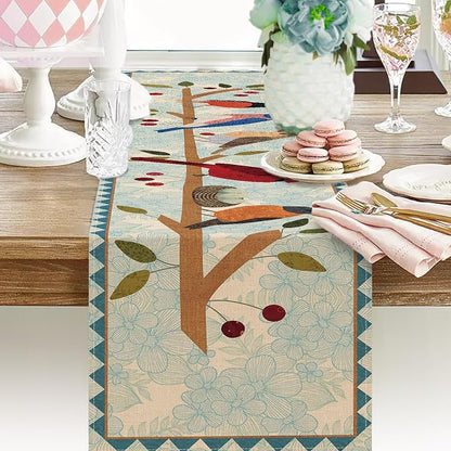 Seliem Spring Summer Birds Blue Table Runner, Cardinal Chickadee Bluebird | - Image 7