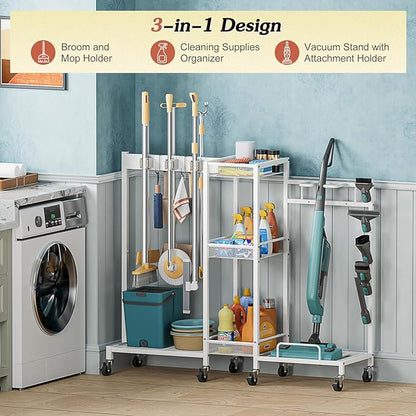 Broom Holder with Cleaning Supplies Organizer, Broom Closet Storage Cabinet with Cleaning Caddy Vacuum Stand, Cleaning Cart with Mop Hanger Gripper Rack Hook, Laundry Room Organization Home Essentials