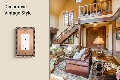 Henne Bery Rope Edge Decorative Wall Plate Switch Plate Outlet Cover (Single Decorator, 2 Pack, Antique Copper)