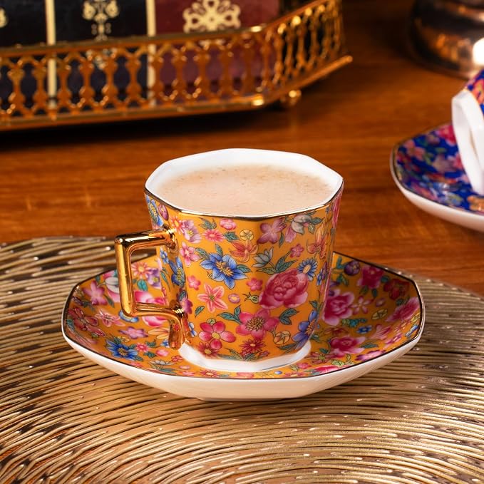 KAMMAK Tea Cup and Saucer, Ceramic Coffee Cups, 4.4 oz, Afternoon Tea and - Image 3
