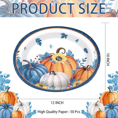 50Pcs Fall Oval Paper Plates Thanksgiving Plates 10" X 12" Large Disposable Blue White Pumpkin Plate Autumn Sunflower Platter Dinner Tableware for Autumn Harvest Thanksgiving Party Decorations