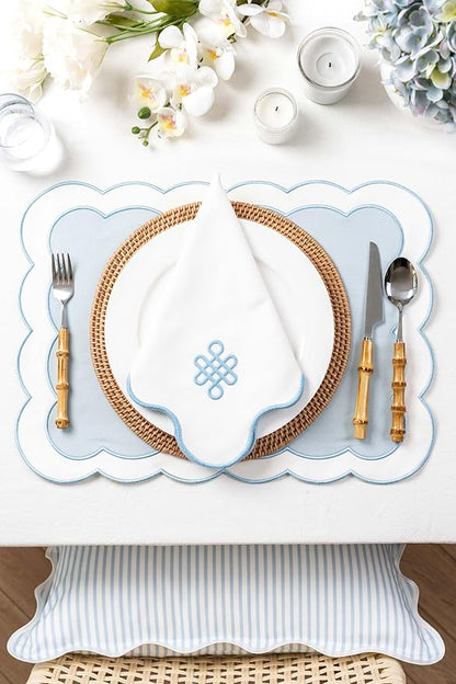 Hofdeco Premium Coastal Patio Indoor Outdoor Placemat Set of 4, 14"x19" Double-Layered, Waterproof Cloth Placemat for Kitchen or Dining Table. Baby Blue Embroidered Solid B