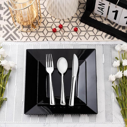 Goodluck 100 Black Pack Disposable Square Plastic Plates, Heavy Duty 50 Dinner Plates 9.5" and 50 Dessert Plates 6.5", Fancy Disposable Plates for Wedding, Holiday Party, Birthday, Halloween