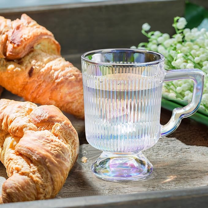 Joeyan Iridescent Glass Coffee Mugs, Vintage Ribbed Coffee Cups - Image 4