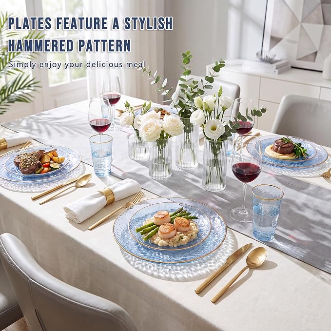 Rubtlamp 60Pcs Clear Blue Plastic Plates, Hammered Blue Plates, 30 Dinner Plates - Image 4