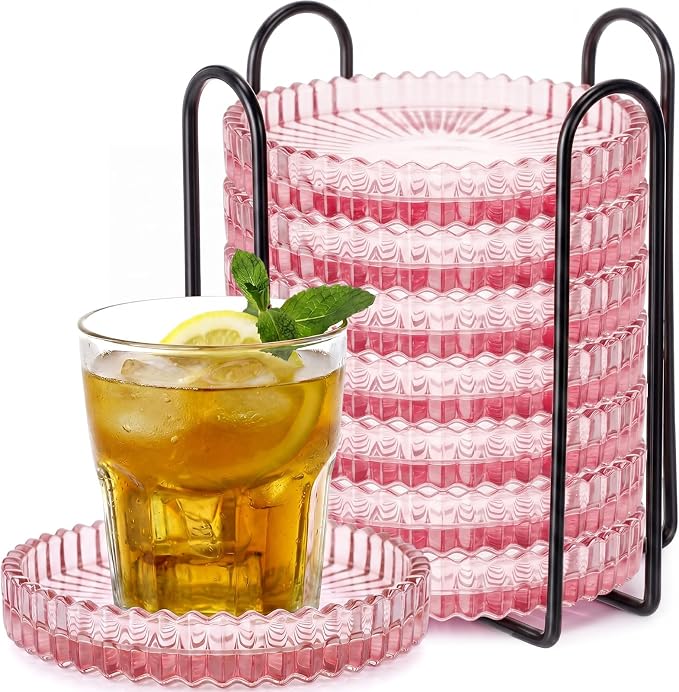 8 Pcs Glass Coasters with Holder Clear Drink Coasters Crystal Round Beverage by Remerry