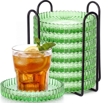 8 Pcs Glass Coasters with Holder Clear Drink Coasters Crystal Round Beverage by Remerry