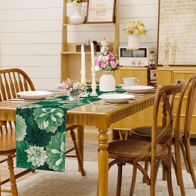 Deep Green Dahlia Flower Summer Table Runner Green Gray Burlap Table Runners - Image 2