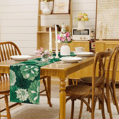Deep Green Dahlia Flower Summer Table Runner Green Gray Burlap Table Runners - Image 2