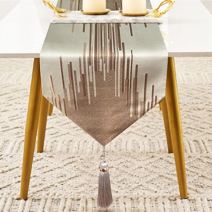 Luxury Champagne Table Runner 72 Inches Long, Modern Abstract Striped | Faux - Image 2