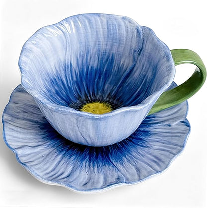 10 oz Tea Cups and Saucers, Ceramic Flower-shaped Cappuccino Cup, Latte Cup and by JUSONEY