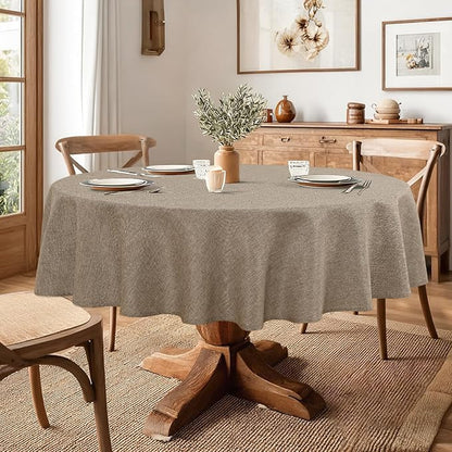 JIUZHEN Round Table Cloth Faux Linen Farmhouse Tablecloth Wrinkle & Stain Resistant Table Cover for Kitchen Dining, Holiday Party Dinner, Khaki, 108 Inch Round