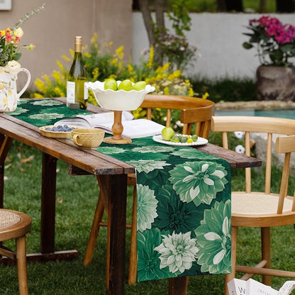Deep Green Dahlia Flower Summer Table Runner Green Gray Burlap Table Runners - Image 6