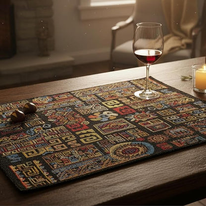 DaDa Bedding Bohemian Ethnic Ornaments Tapestry Placemats - Set of 4-Pieces Greek Ethnic Calligraphy Geometric Colorful Dark Black Design - Decorative Cotton Woven Kitchen Dining Mats - 13” x 19”