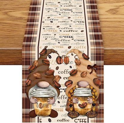 Coffee Time Table Runner, Farmhouse Retro Brown Plaid Gnomes Cafe Cup Theme by Unknown