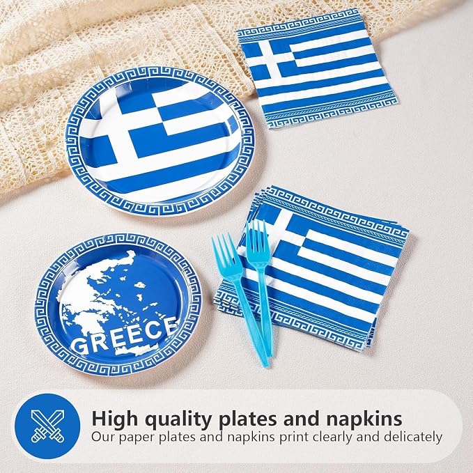 96PCS Greek Flag Birthday Party Supplies Greece Flag Plates，Serves 24 | - Image 3