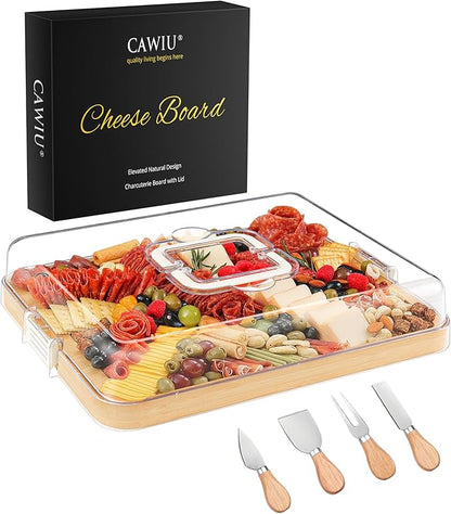 Portable Travel Charcuterie Board with Lid and Handle - Large Bamboo Cheese Board with 4 Cheese Knife Set for Outdoor, Picnics - Weddings, House Warming Gift for Women (1 Compartment, White)