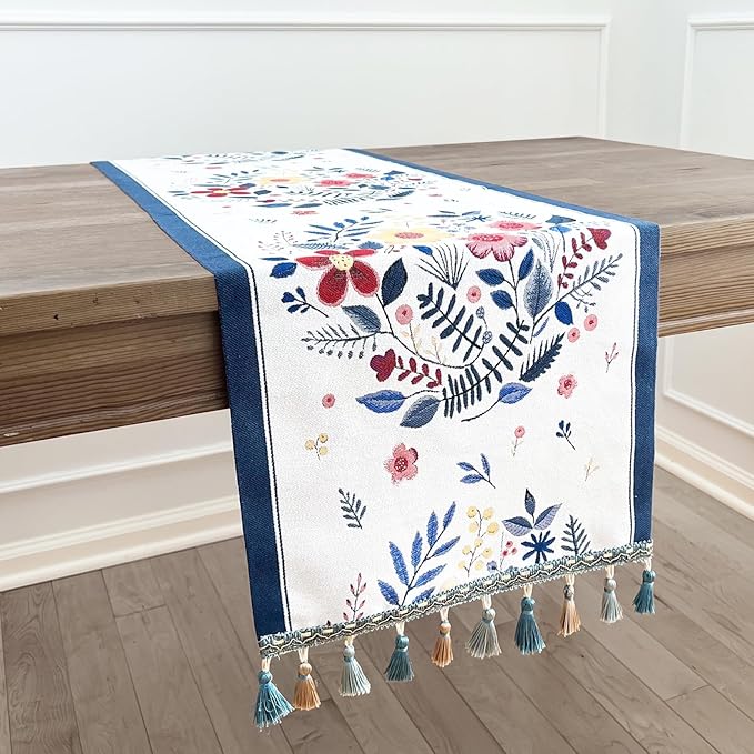 Floral Table Runner with Tassel Edges, Cotton Blend Decorative Runner by QGENUINE