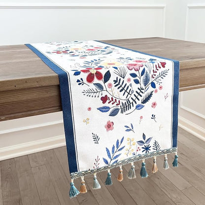 Floral Table Runner with Tassel Edges, Cotton Blend Decorative Runner by QGENUINE