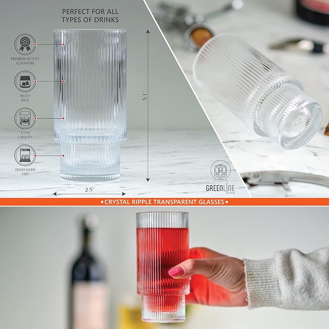 Greenline Goods Ripple Drinking Glasses - 12 oz Modern Kitchen Glassware Set - Image 2