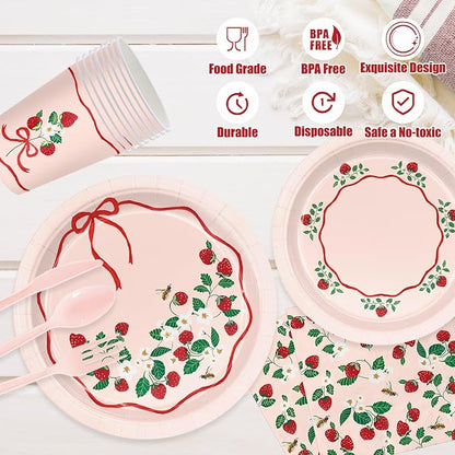 168pcs Strawberry Paper Plates Napkins Strawberry Party Supplies Serve 24 | - Image 3
