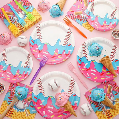 Yungyan 48 Sets Ice Cream Drip Baseball Birthday Party Decorations Ice Cream Drip Baseball Paper Plates and Napkins Forks Disposable Summer Sports Party Supplies Baby Shower Tableware Set for Women