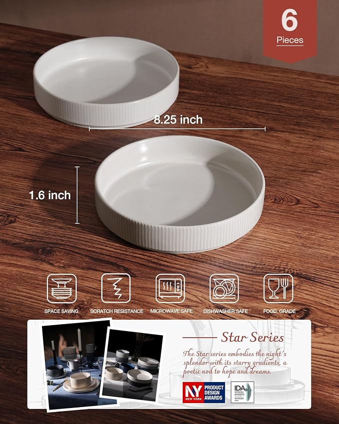 famiware Star 8.25" Pasta Bowls Set of 6, Bowl Plates, Matte White | Microwave - Image 2