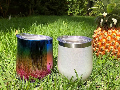 CHILLOUT LIFE 12 oz Stainless Steel Wine Tumblers 4 Pack - Double Wall Vacuum Insulated Wine Glasses Cups with Lids and Straws Set Keeping Cold & Hot for Coffee, Beer, Ice Cream - Holographic Glitter