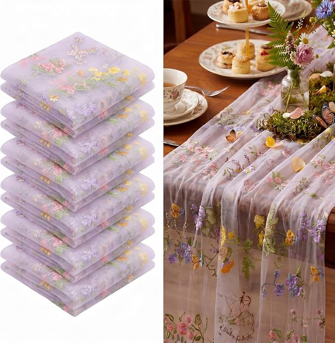 Purple Floral Table Runner 10ft Embroidery Tulle Spring Wildflower Gauze Table by Windkream