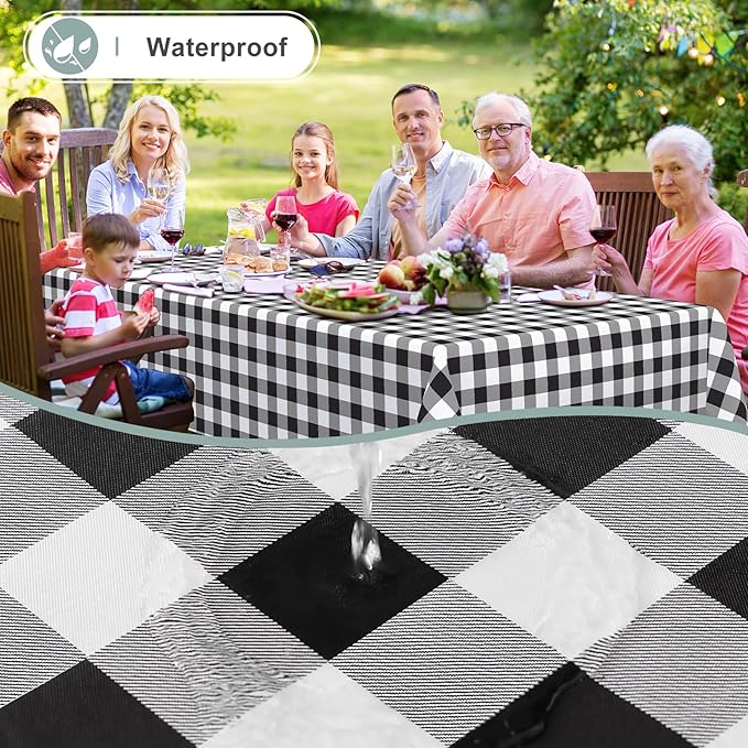 misaya 2 Pack Waterproof Vinyl Table Cloth, Buffalo Flannel Backed Tablecloth, Wipeable Plastic Table Cover for Dinner, Kitchen, Outdoor (52" x 70", Black and White)