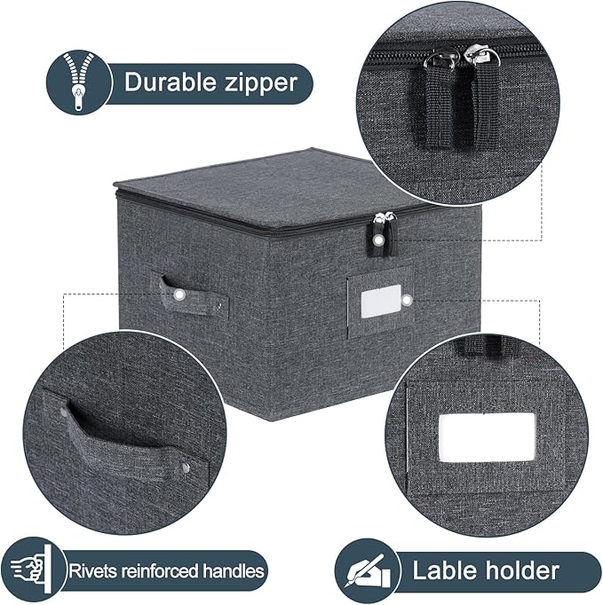 popoly China Storage Containers Hard Shell Inside 12" W x 8" H, Dinner Plate Storage Containers for Dishes, Dinnerware with 24 Felt Dividers, Hold 24 Plates, Stackable (2 Pack Grey)
