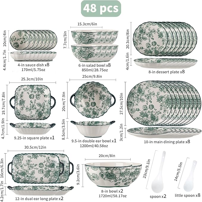 Ceramic Dinnerware Set, Floral Plates and Bowls Sets, Microwave & Dishwasher - Image 3