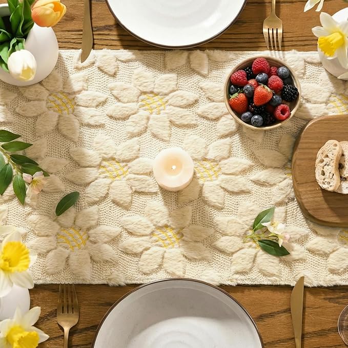 Artoid Mode Beige Soft Plush Faux Fur Jacquard Embroidery Sunflower Spring - Image 3