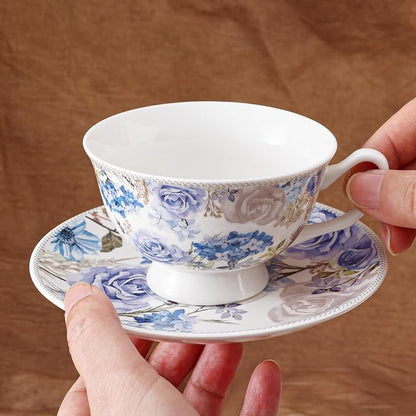 fanquare 6 oz Blue Rose and Hydrangea Porcelain Tea Cup and Saucer Set | - Image 5