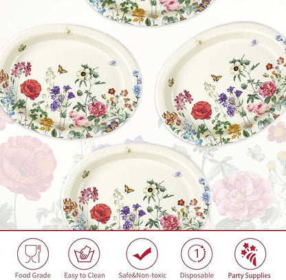 50Pcs Wild Flower Oval Paper Plates 10" x 12" Large Heavy Duty Disposable Fall Vintage Wildflower Platters Autumn Watercolor Floral Dessert Plates for Thanksgiving Dinner Birthday BBQ Party Supplies