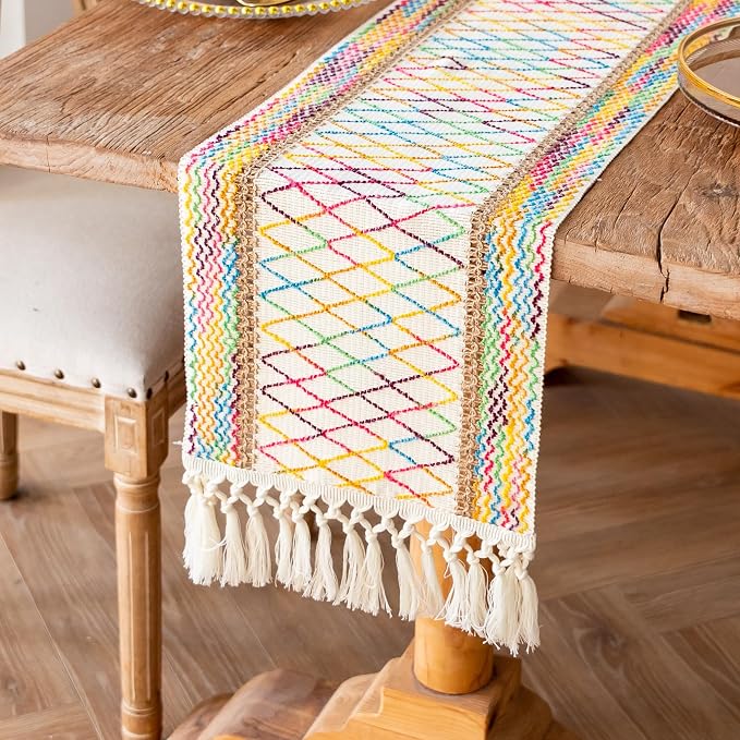 EMMTEEY Macrame Table Runner Boho Style 36 Inches Long, Hexagonal Colorful | - Image 5