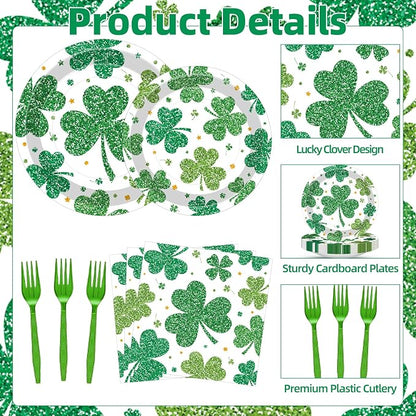 100 Pcs St. Patrick’s Day Shamrock Tableware Party Supplies Set, Serves 25 – - Image 3