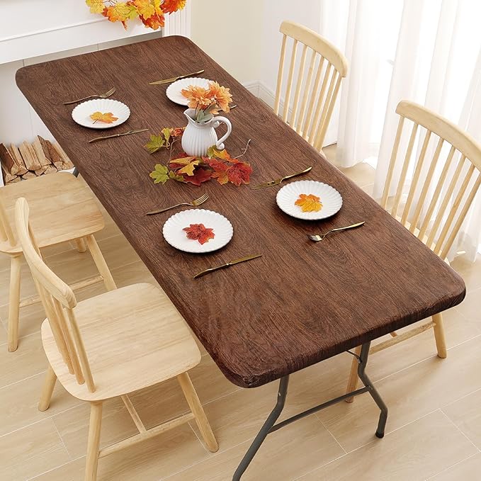 Smiry Rectangle Table Cloth Cover, Waterproof Elastic Fitted Picnic Tablecloth for 6 Foot Tables, Wipeable Flannel Backed Vinyl Tablecloths for Camping, Dining, Outdoor (Brown, 30" x 72")