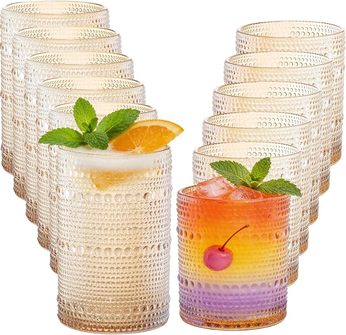 Amber Hobnail Beaded Drinking Glasses Set of 12, 12 oz & 15oz Vintage Glassware by XKXKKE