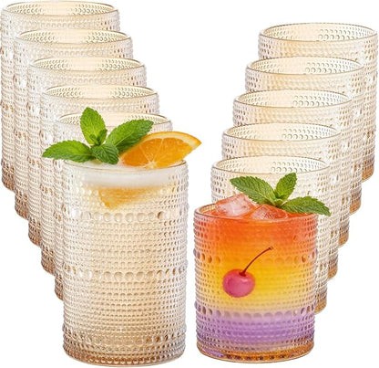 Amber Hobnail Beaded Drinking Glasses Set of 12, 12 oz & 15oz Vintage Glassware by XKXKKE
