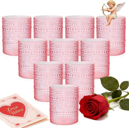 YOUBET 24PCS Plastic Drinking Glasses - 14OZ Pink Hobnail Drinkware Glasses - Vintage Glassware Textured Beaded Cups for Water, Beer, Whiskey, Juice and Various Mixed Drinks Valentines Day
