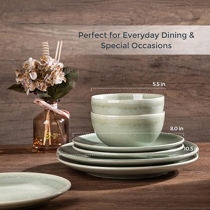AmorArc Ceramic Dinnerware Sets for 8, 24 Pieces Handpainted Plates and Bowls Set, Scratch Resistant Stoneware Dishes Set, Dishwasher & Microwave Safe, Olive Green