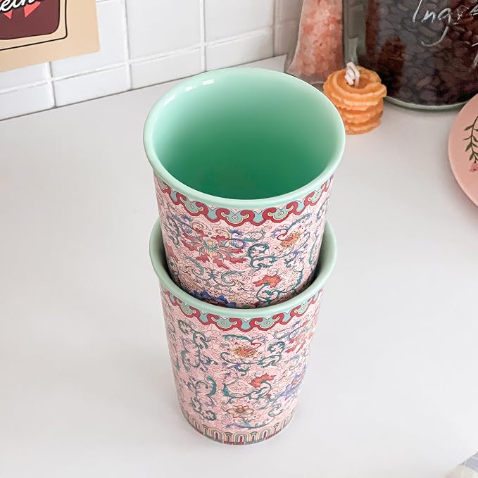 Pink Floral Ceramic Mugs, 12oz Flower Coffee Mug Set of 2, Rose Porcelain Cups - Image 7