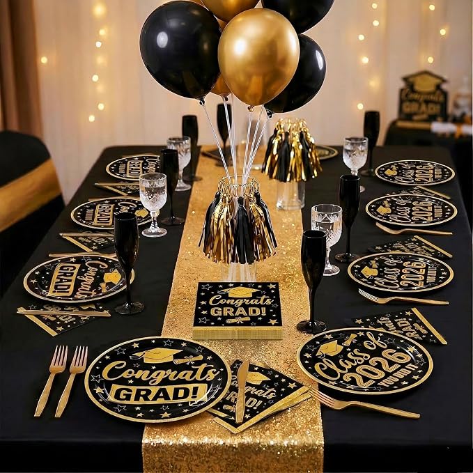 100 Pcs Graduation Party Supplies Set, Serves 25 – Disposable Black and Gold - Image 7