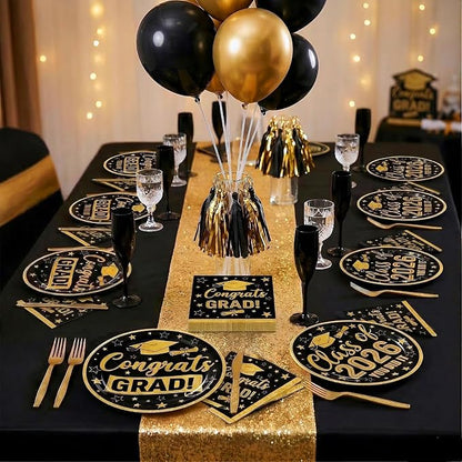 100 Pcs Graduation Party Supplies Set, Serves 25 – Disposable Black and Gold - Image 7
