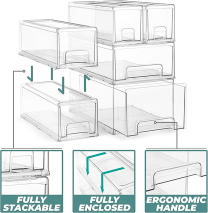 Sorbus Large Clear Stackable Storage Drawers – 6-Pack Plastic Organizer Bins with Handles – Stackable Pull-Out Storage Drawers for Closet, Pantry, Office, Bathroom, Craft, and Toy Organization