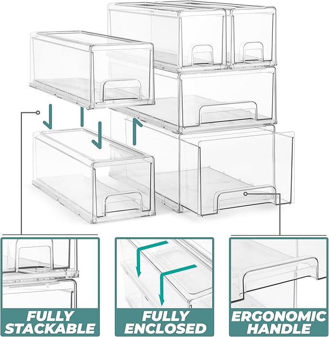 Sorbus 2 Large & 4 Small Clear Stackable Storage Drawers – Plastic Organizer Bins with Handles – Stackable Pull-Out Storage Drawers for Closet, Pantry, Office, Bathroom, Craft, and Toy Organization