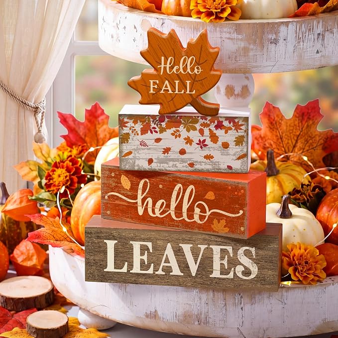 Moucuny 4 Pcs Fall Decor Wooden Maple Leaf Decoration Thanksgiving Tiered Tray - Image 7
