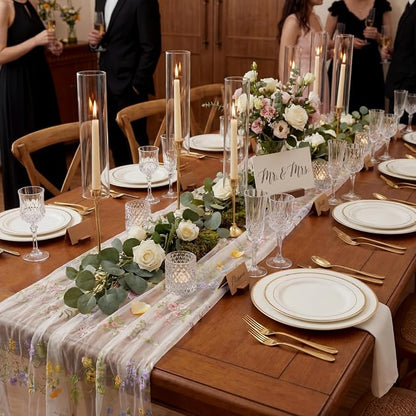 Ivory White Floral Table Runner 10ft Embroidery Tulle Spring Wildflower Table - Image 5